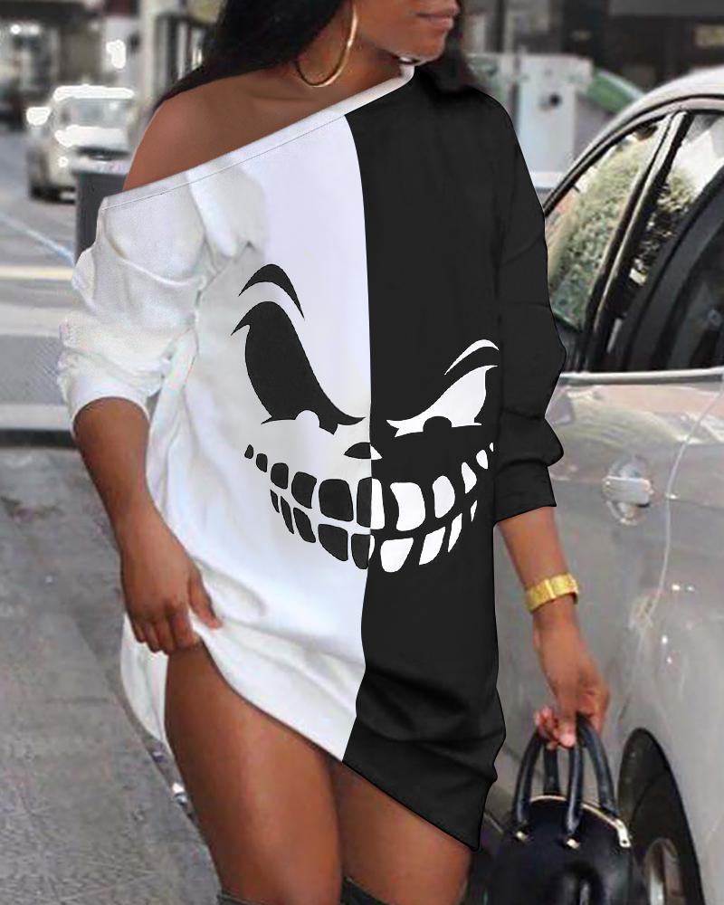 

Halloween Graphic Print Colorblock Casual Dress, Blackwhite