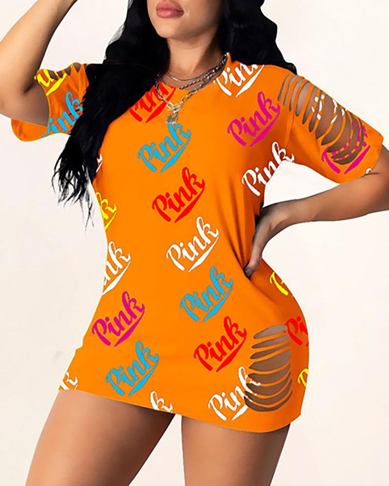 

Letter Print Ripped O Neck Short Sleeve Dress, Orange
