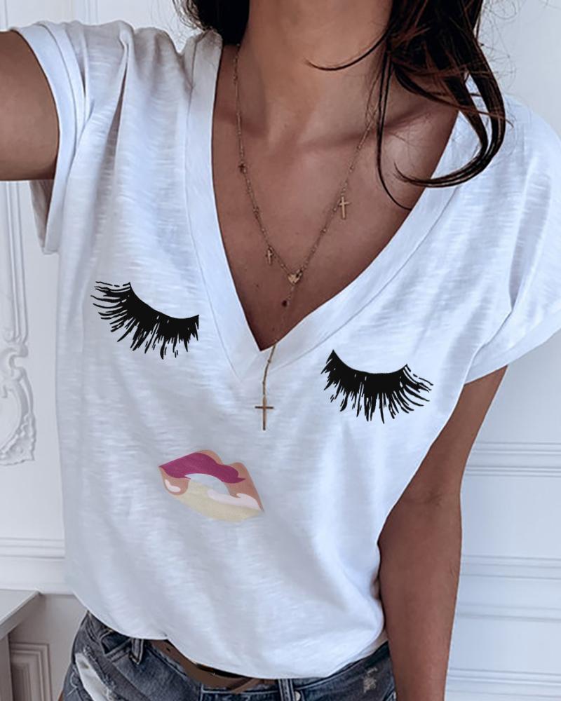 

Eyes Print V-neck Casual T-shirt, White