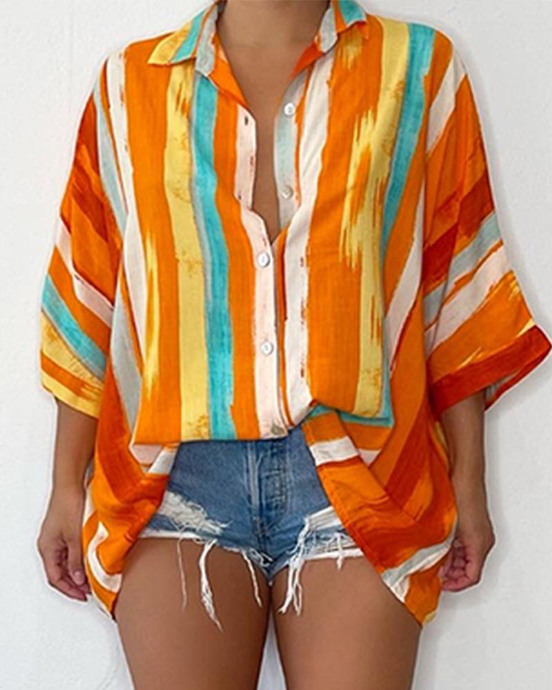 

Striped Print Button Down Shirt, Multicolor