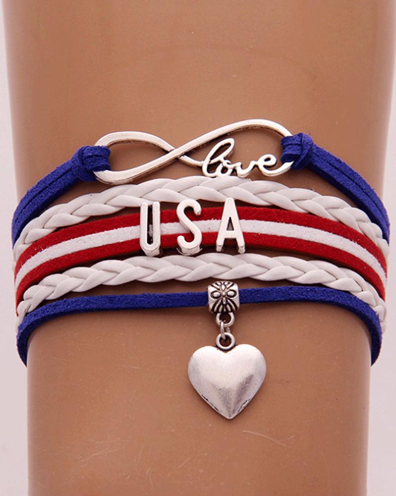 

1pc Independence Day USA Letter Heart Pattern Braided Bracelet, Multicolor