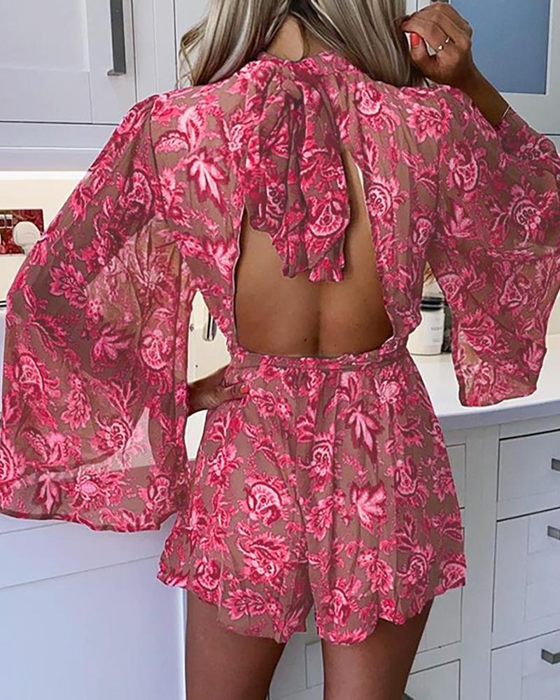 

Floral Print Bell Sleeve Backless Dress, Hot pink