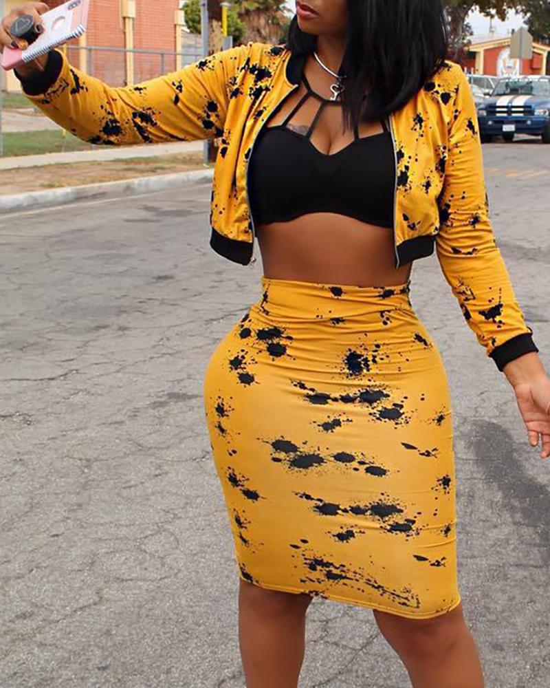 

Splash-ink Zipper Design Jacket & Skirts Sets, Yellow