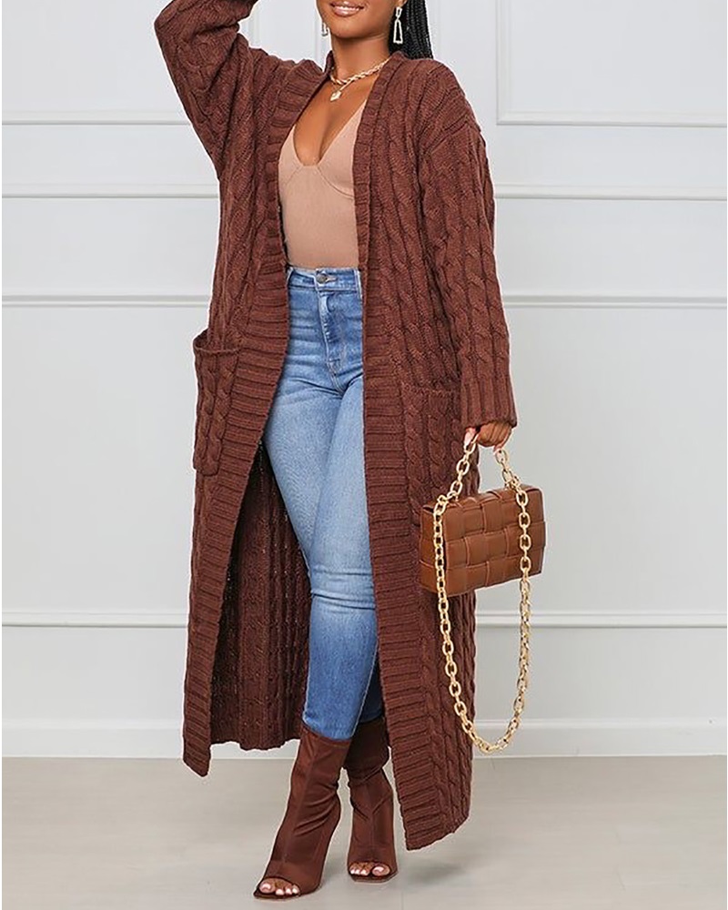 

Cardigan long en tricot torsadé à manches longues, pull ouvert sur le devant avec poches, Coffee