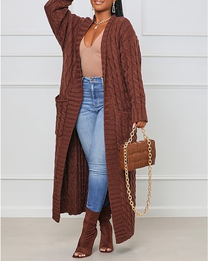 

Long Sleeve Cable Knit Longline Cardigan Open Front Sweater with Pockets, Coffee