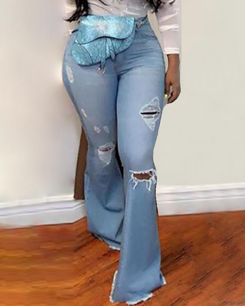 

High Waist Pocket Bell-Bottom Ripped Jeans, Blue