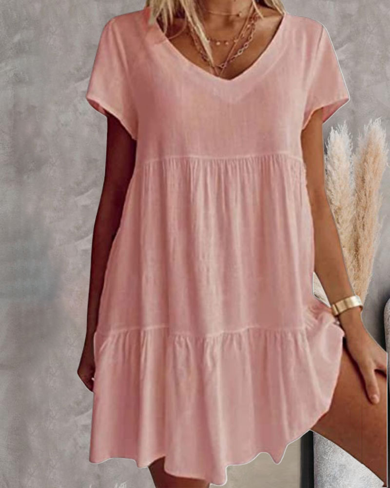 

Short Sleeve V-Neck Casual Dress, Pink