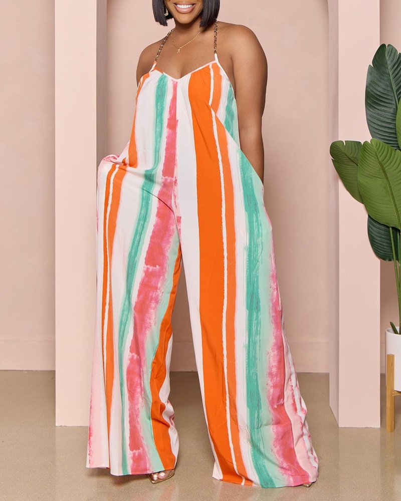 

Tie Dye Print Striped Chain Strap Backless Jumpsuit, Multicolor