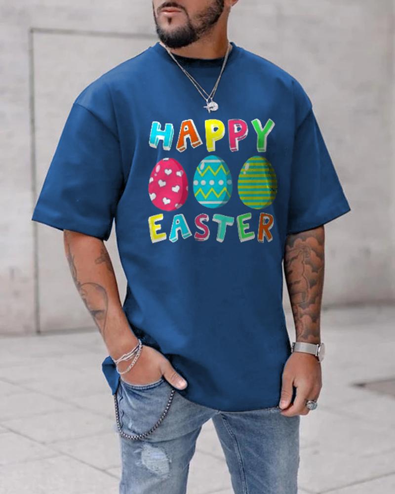 

Easter Day Egg & Letter Print Short Sleeve T-shirt, Blue