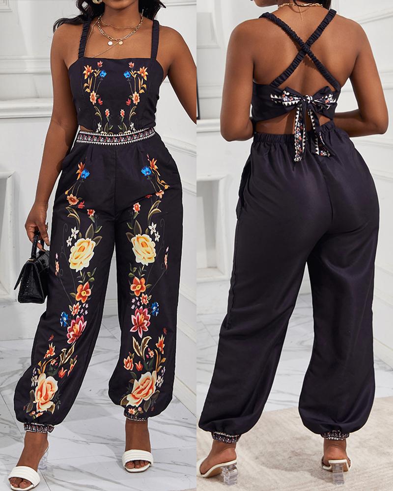 

Floral Print Crisscross Tied Detail Backless Jumpsuit, Black