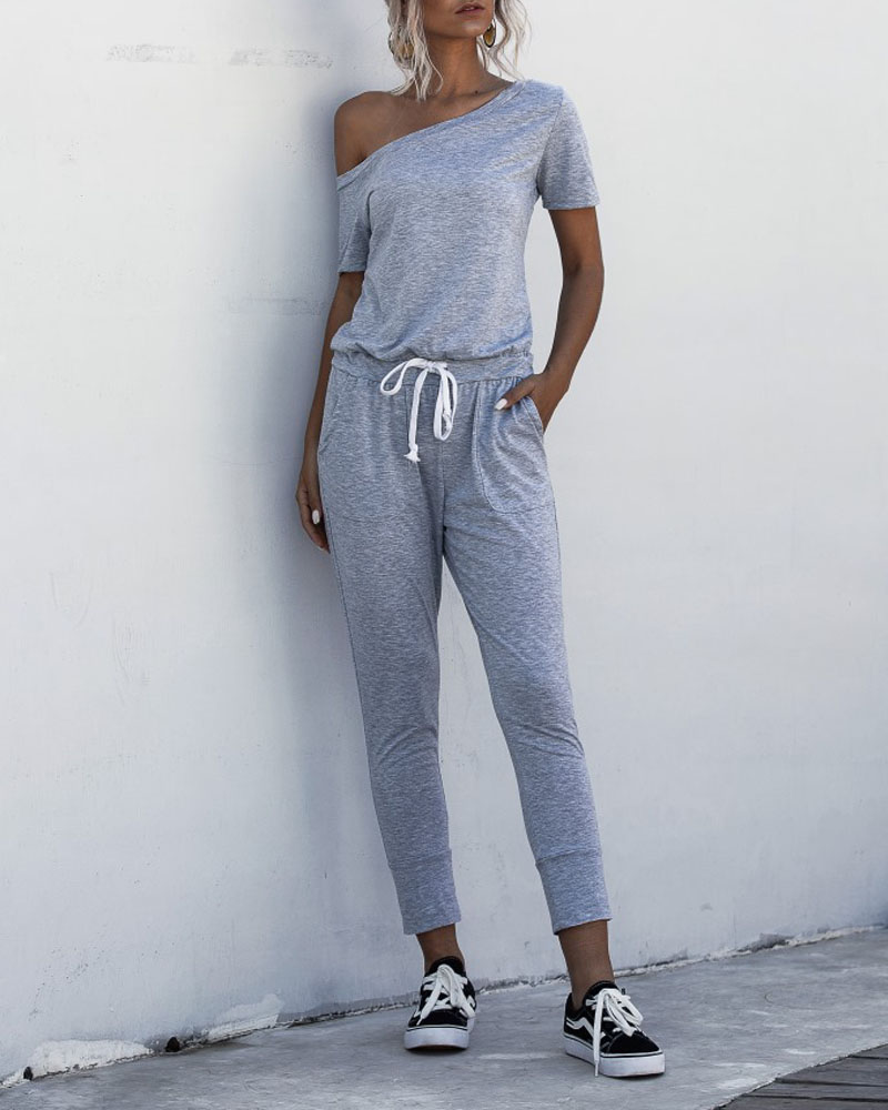 

Pocket Detail Short Sleeve Drawstring Jumpsuit, Gray
