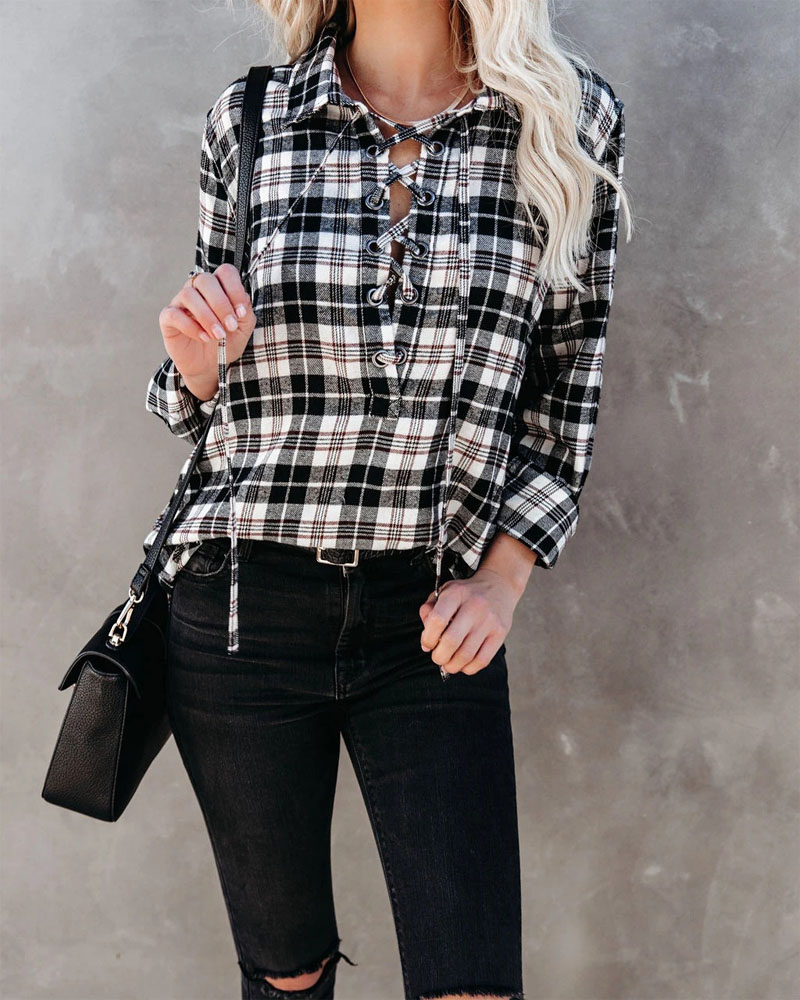 

Plaid Print Grommet Eyelet Lace-up Long Sleeve Top, Black