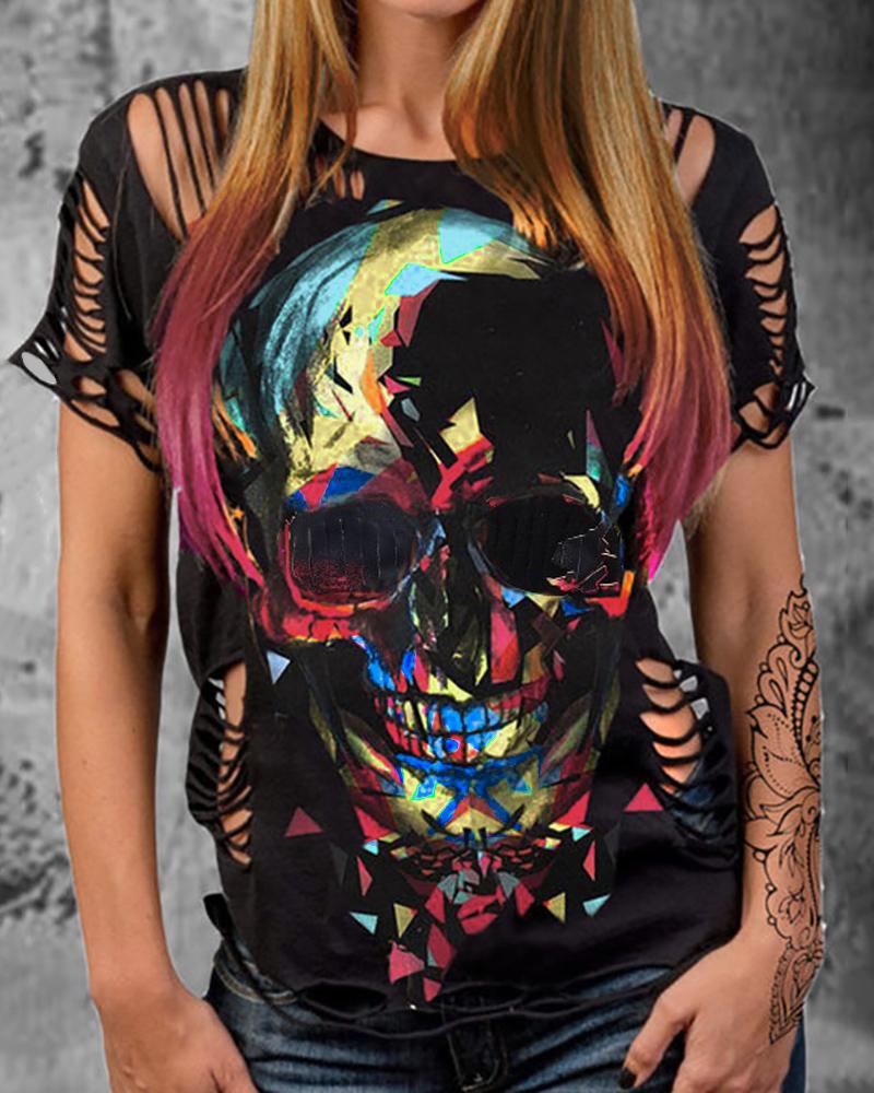 

Skull Print Colorblock Cutout T-shirt, Black