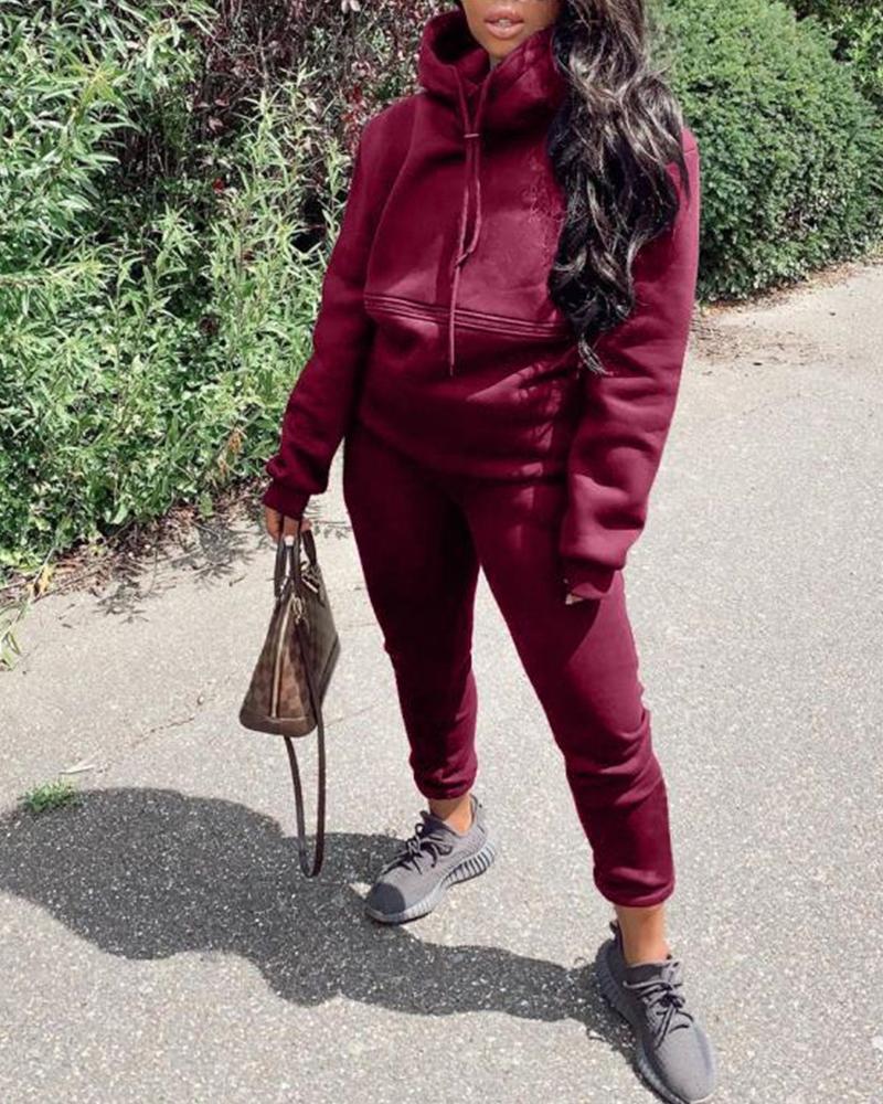 

Solid Long Sleeve Loose Hoodies Sweatshirts Suit Sets, Wine red