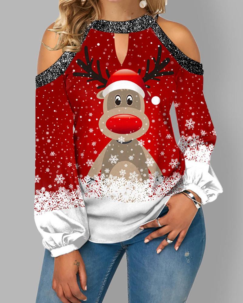 

Christmas Elk Snowflake Print Cold Shoulder Cutout Top, Red