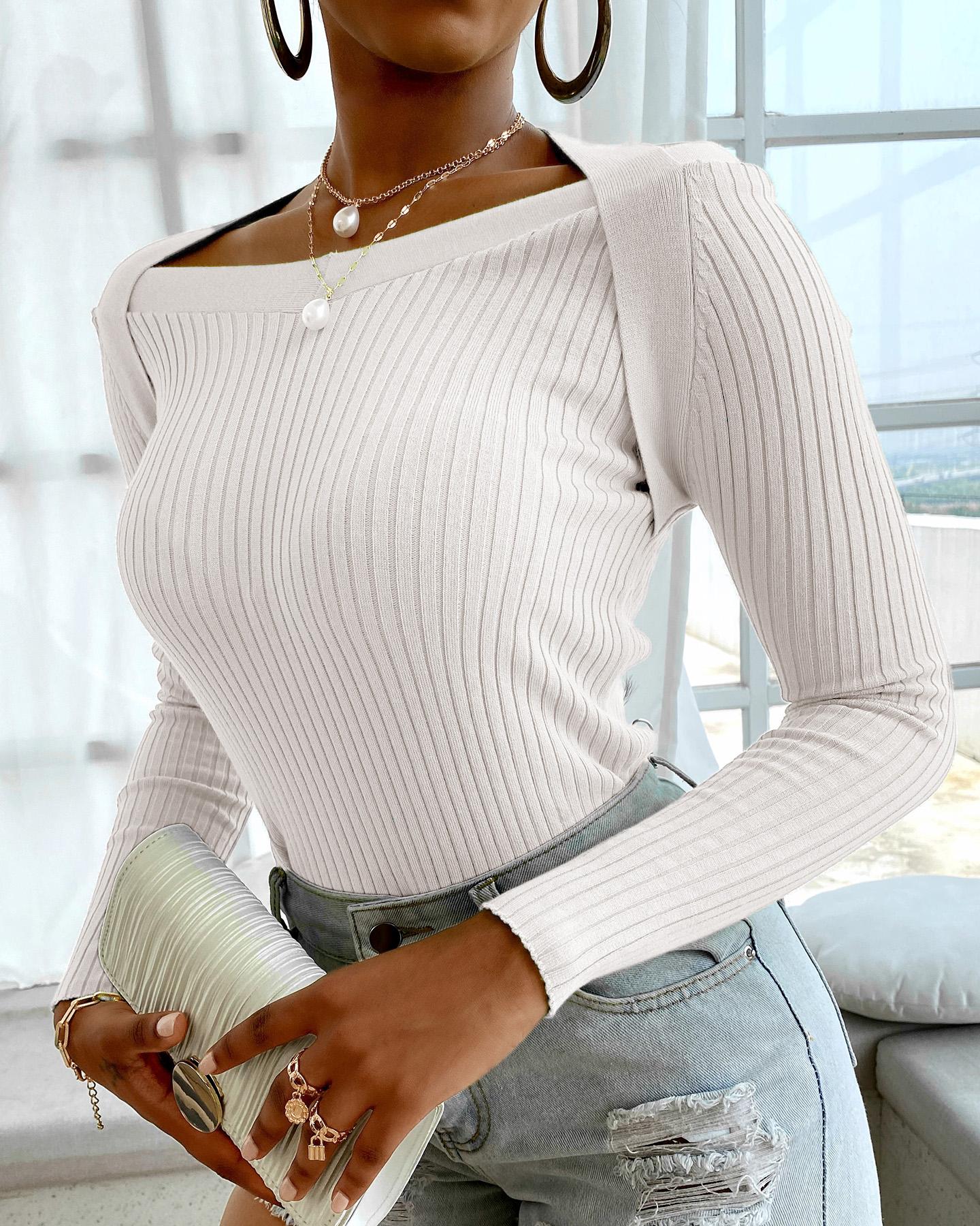 

Plain Halter Long Sleeve Knit Sweater, White