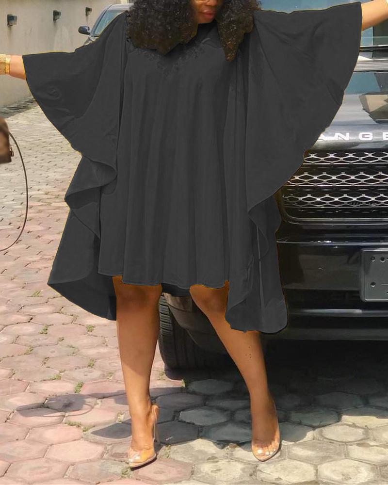 

Plain Cloak Sleeve Swing Dress, Black