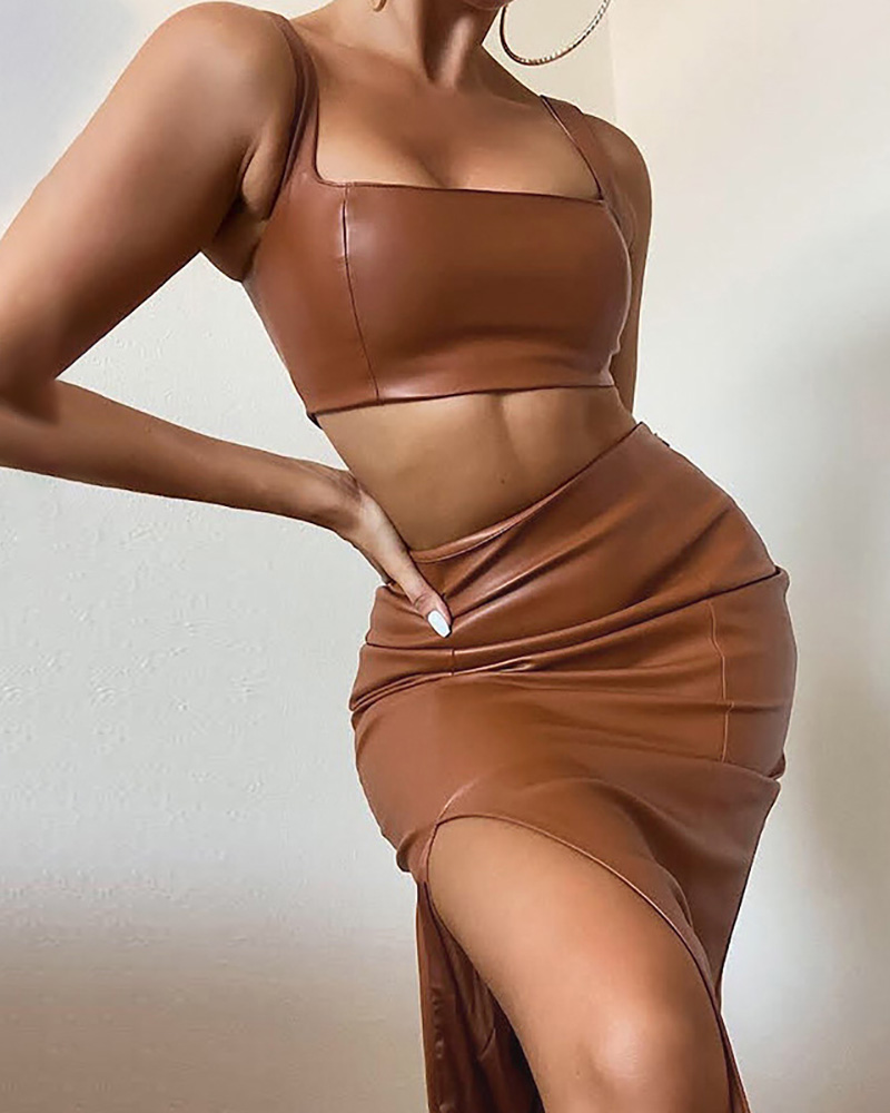 

PU Leather Sleeveless Crop Top & Slit Skirt Set, Brown