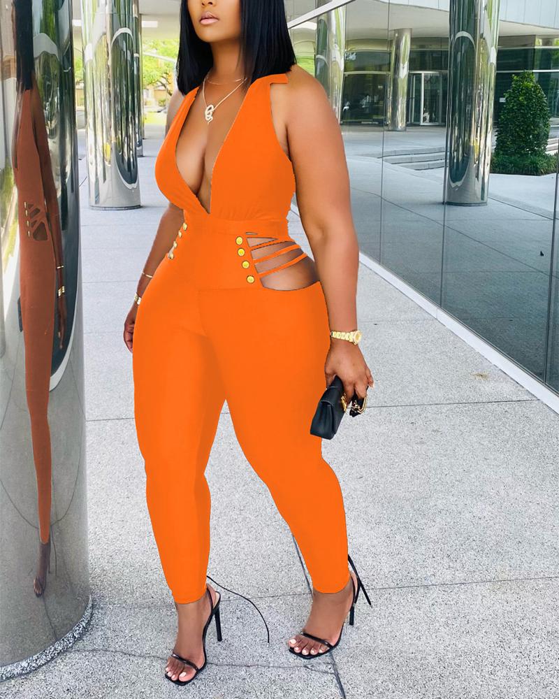 

Plunging Halter Backless Cutout Skinny Jumpsuit, Orange