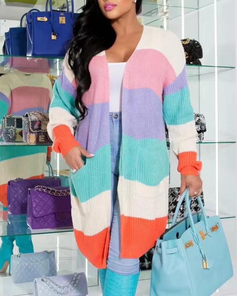 

Colorblock Pocket Design Knit Cardigan, Blue