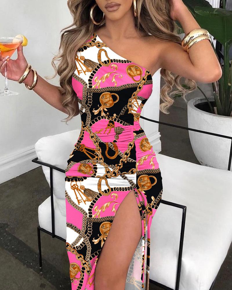 

Scarf Print One Shoulder Drawstring Ruched High Slit Dress, Hot pink