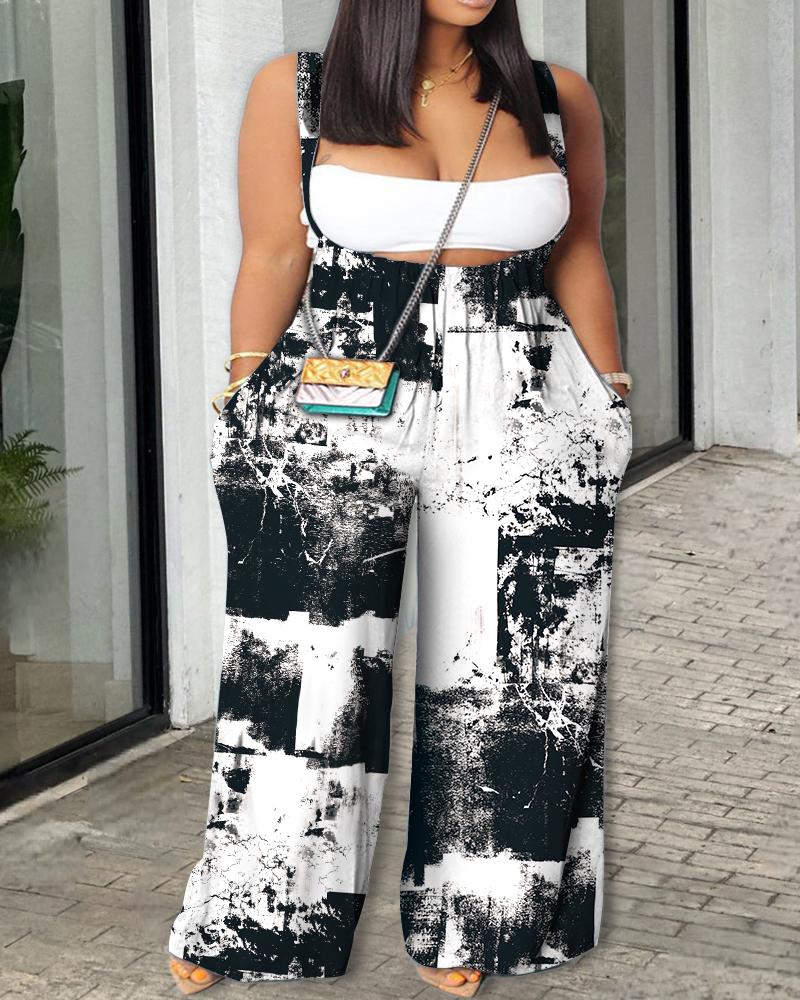

Plus Size Bandeau Crop Top &Tie Dye Print Suspender Jumpsuit Set, Blackwhite