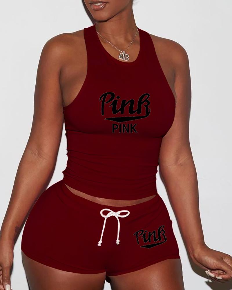 

Letter Print Tank Top & Drawstring Shorts Set, Wine red