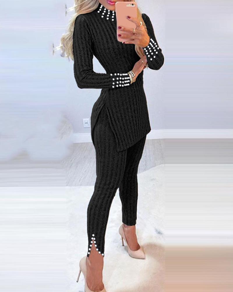 

Beaded Side Slit Long Sleeve Top & Pants Set, Black