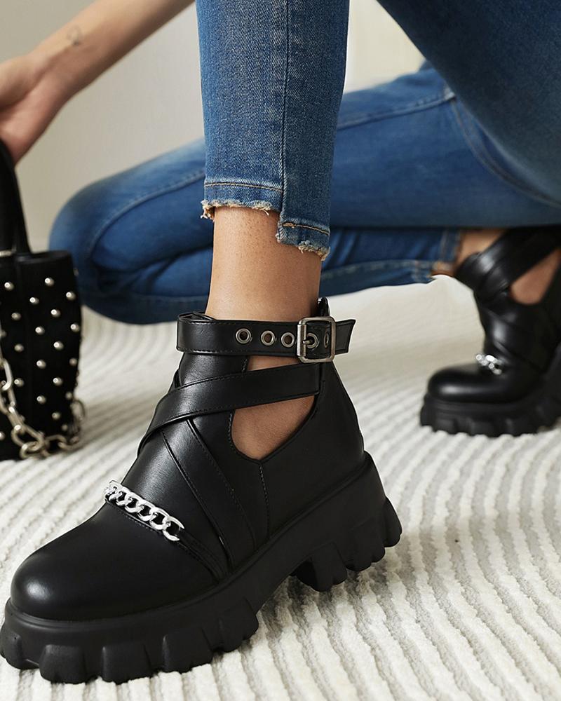 

Chic Women Solid Color Cut Out Chain Lock Round Toe Platform Boots, Black