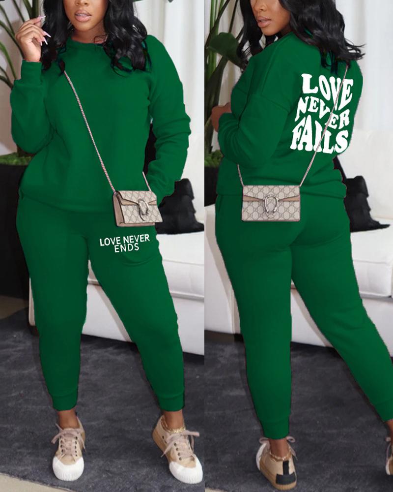 

Letter Print Long Sleeve Casual Top & Pants Set, Green