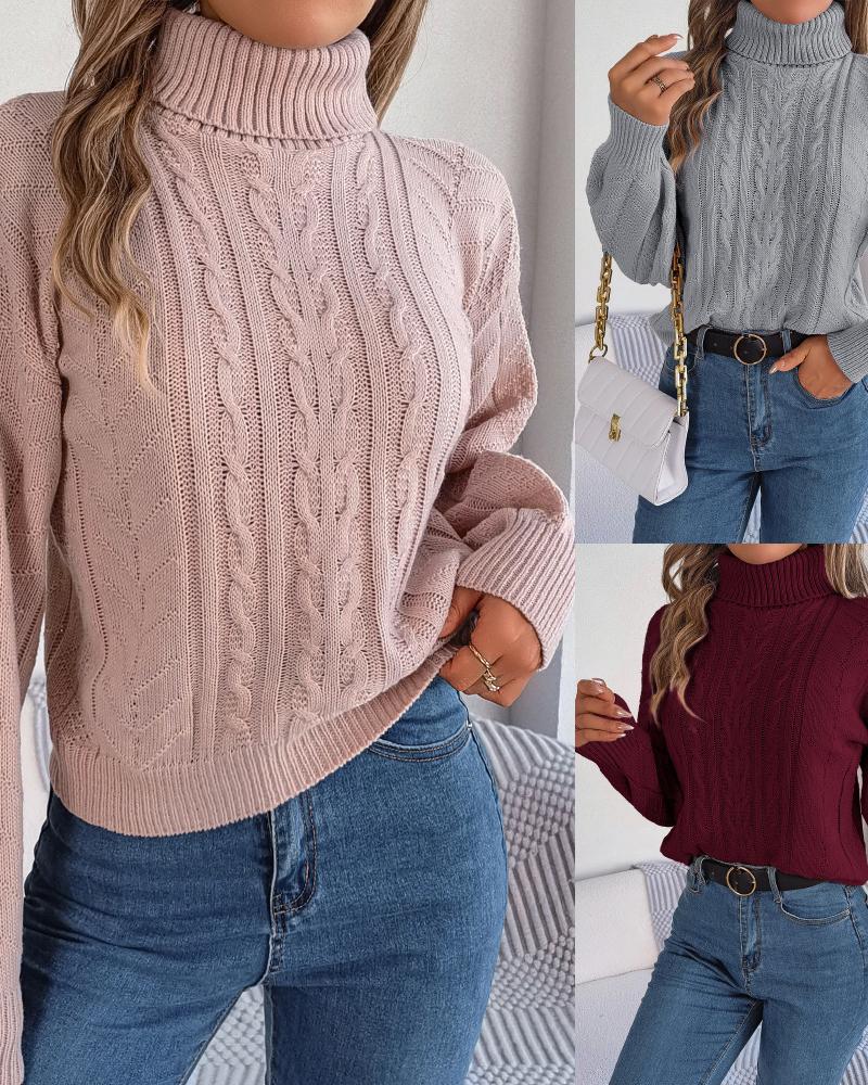 

High Neck Cable Knit Sweater, Pink