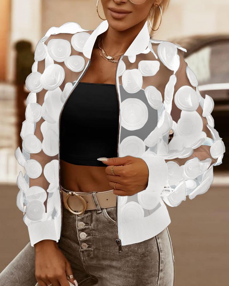 

Casaco de beisebol com gola de malha transparente com padrão floral e zíper, jaqueta casual transparente, White