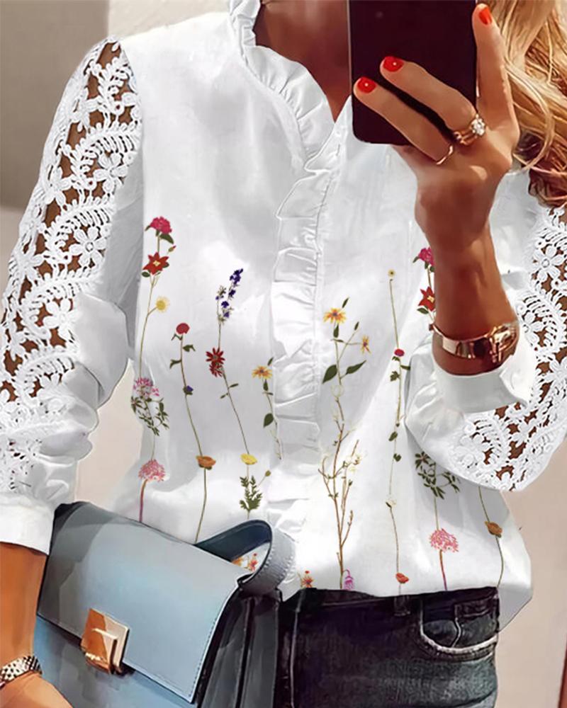 

Floral Print Frill Hem Guipure Lace Sleeve Top, White