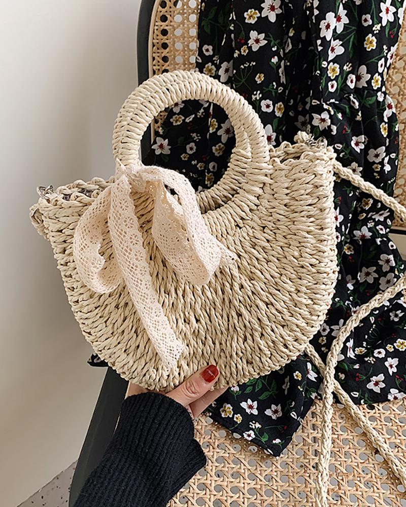 

Straw Woven Round Handle Bowknot Design Tote Bags, Beige