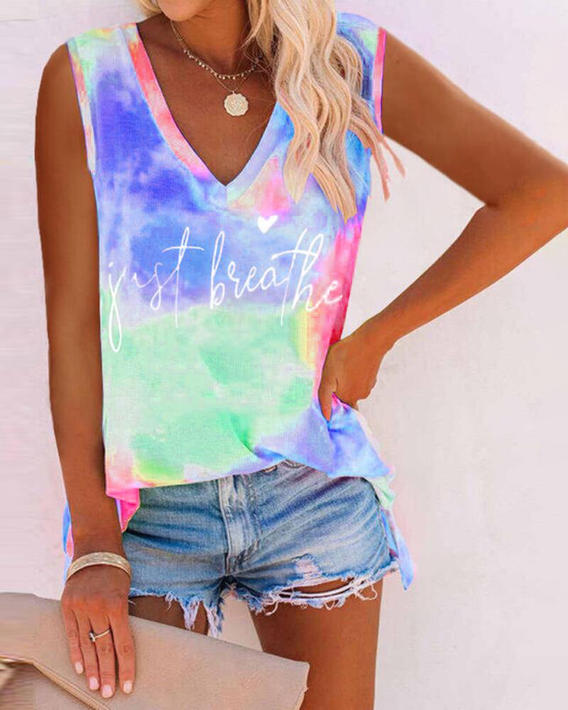 

Tie Dye Letter Heart Print Tank Top, Blue