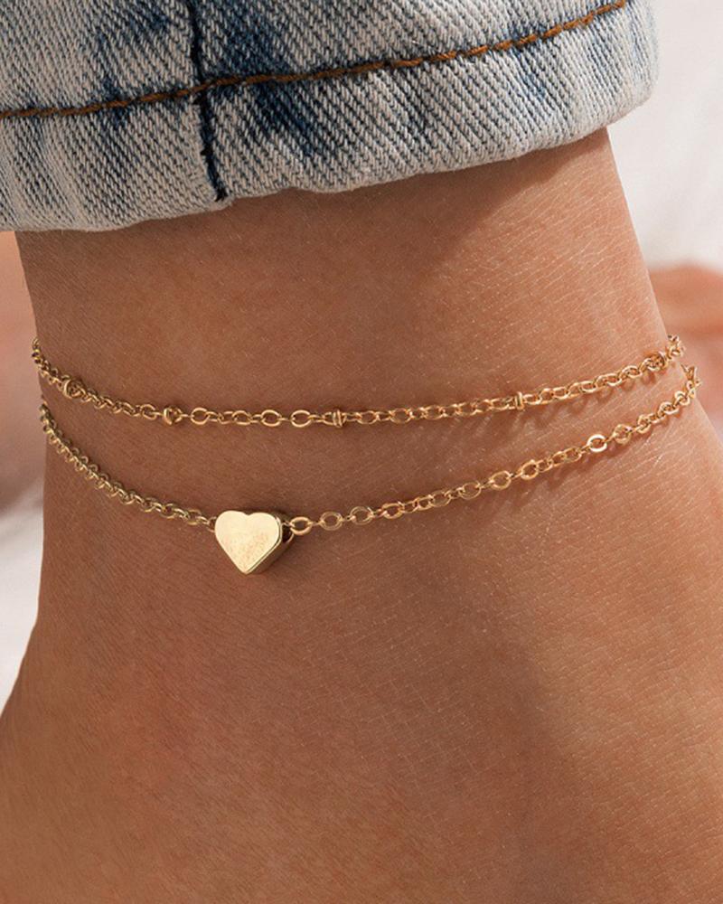 

1pc Heart Pattern Double Layered Chain Anklet, Gold