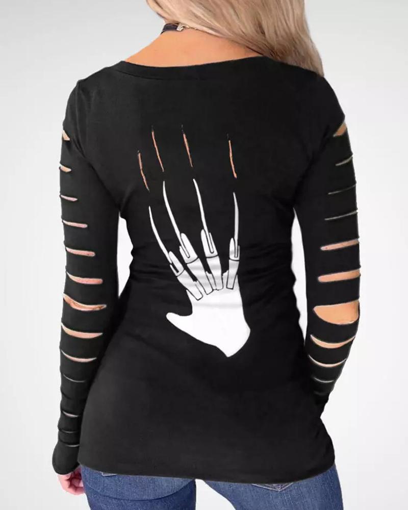 

Halloween Claw Graphic Slogan Print Ladder Cutout Top, Black