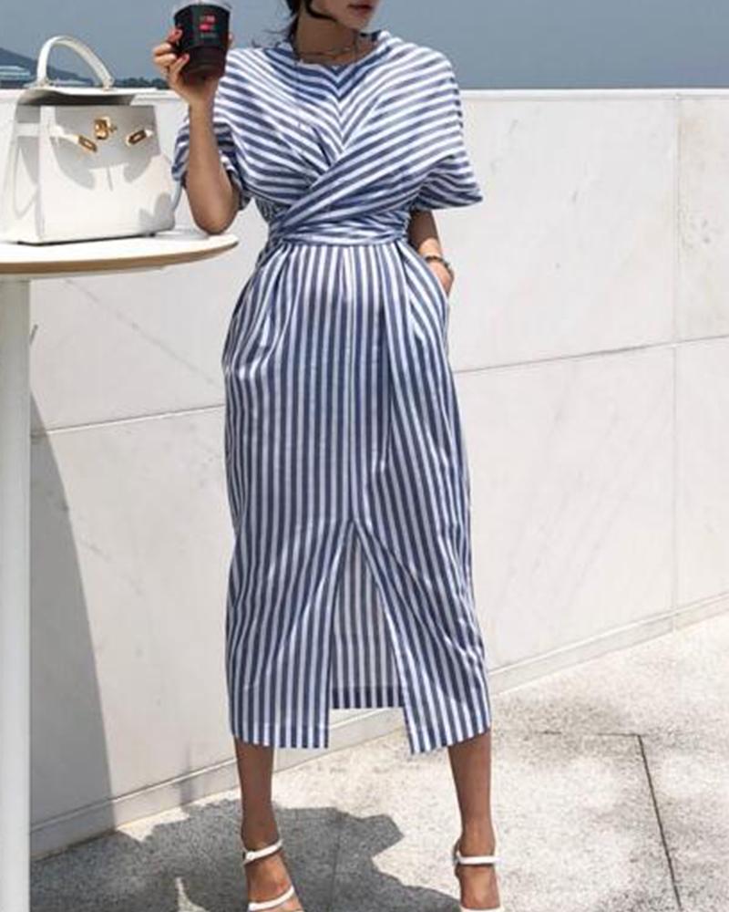 

Cozy Striped Front Split Dress, Blue