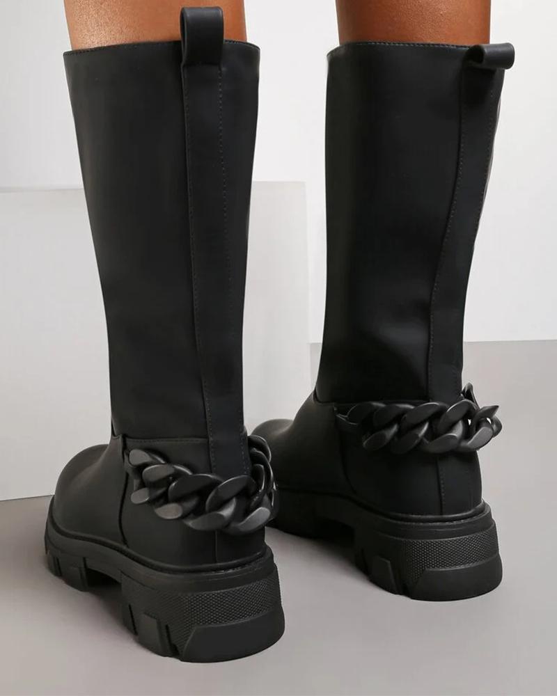 

Womens Back Chain Decor Patchwork Round Toe Lower Leg Length Boots, Black