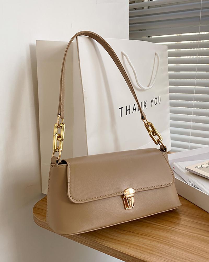 

Push Lock Chain Baguette Handbag, Khaki