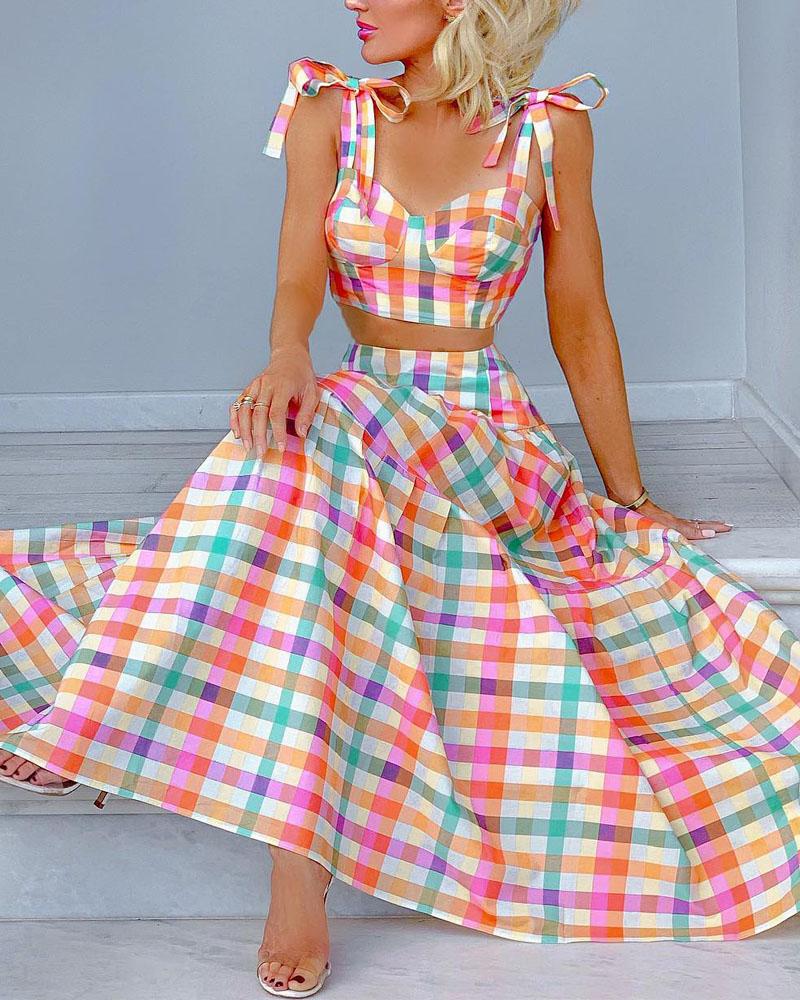 

Plaid Print Tied Detail Crop Top & Skirt Set, Multicolor