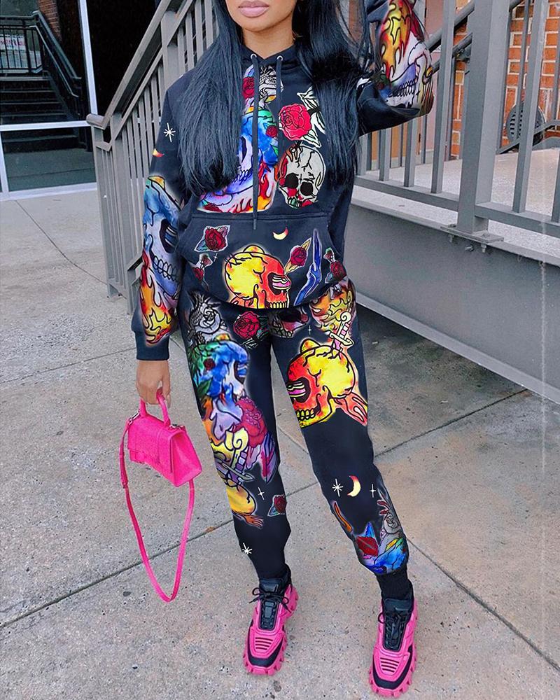 

Graphic Print Long Sleeve Top & Pants Set, Black