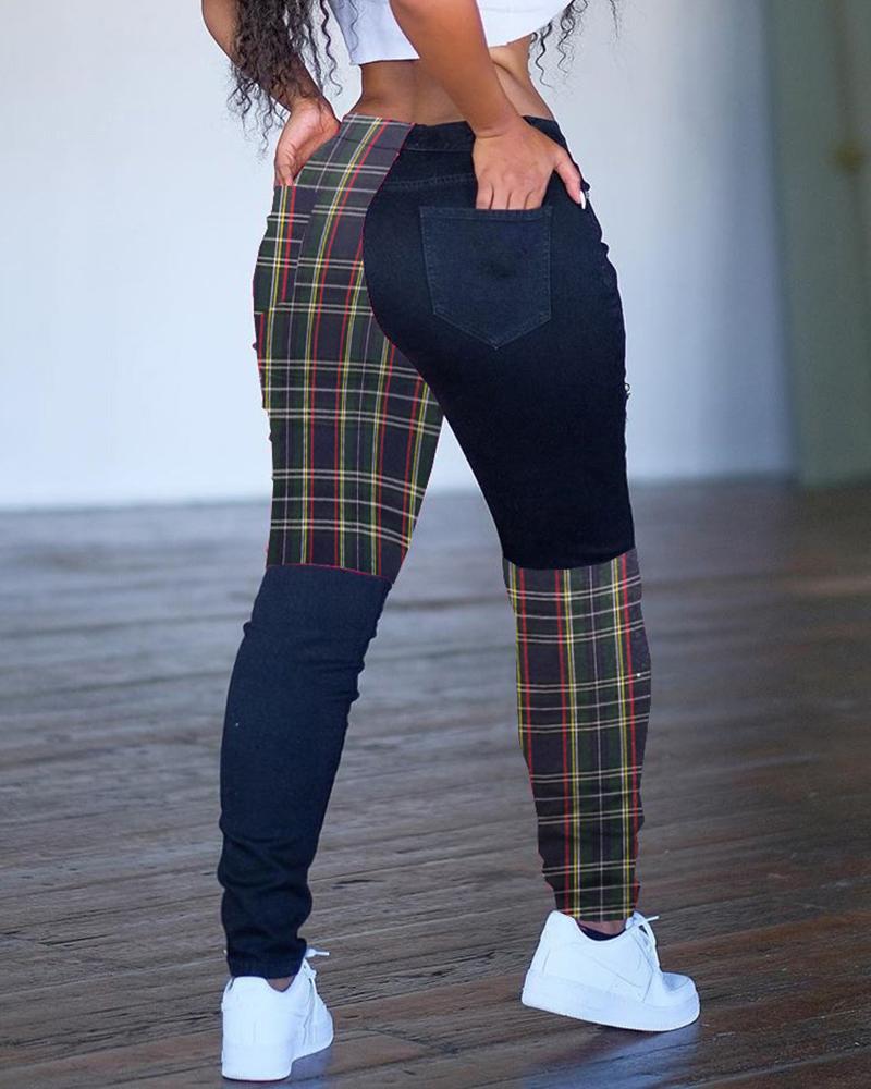 

Plaid Print Colorblock Casual Pants, Green