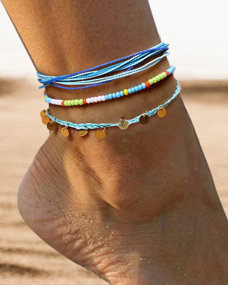 

3pcs Bohemian Beaded Disc Pendant Beach Anklets Set, Blue