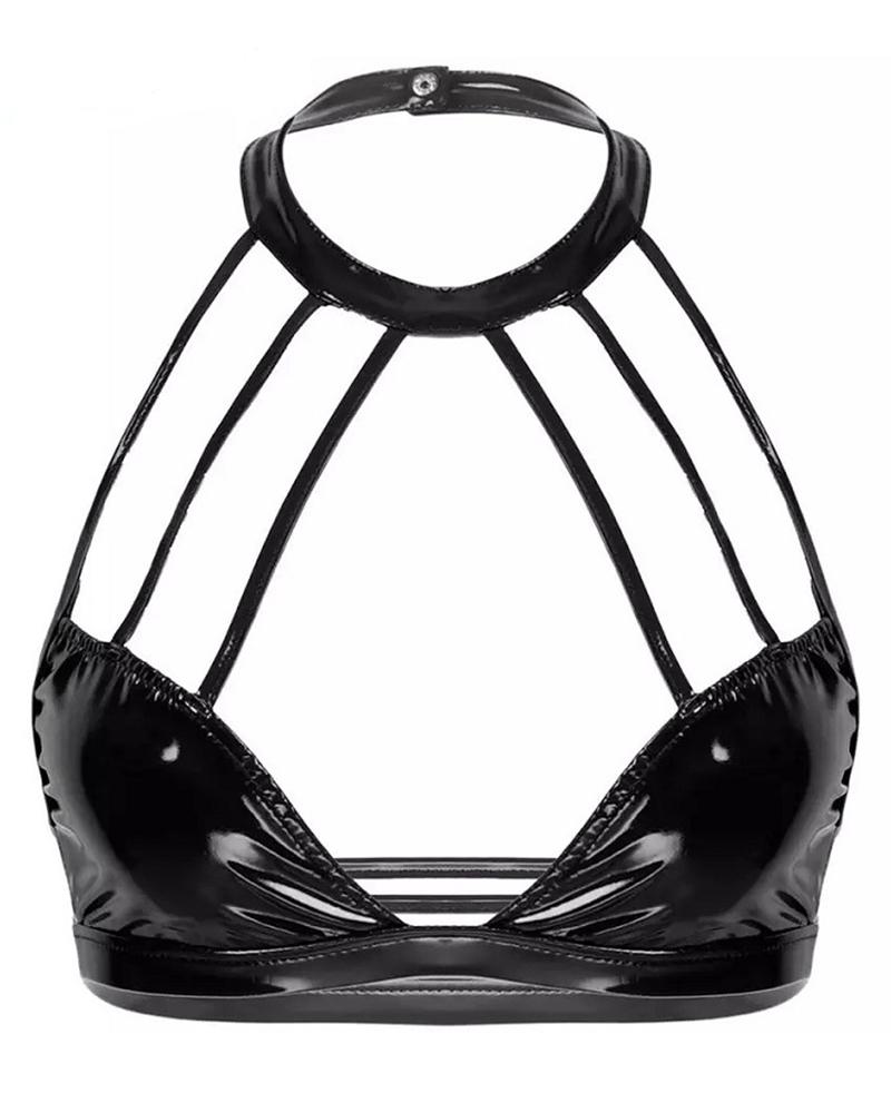 

Halter PU Leather Cutout Bralette, Black