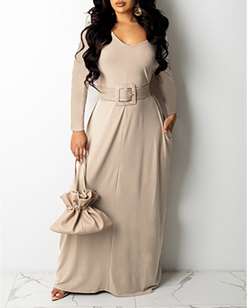 

V Neck Long Sleeve Casual Maxi Dress, Khaki