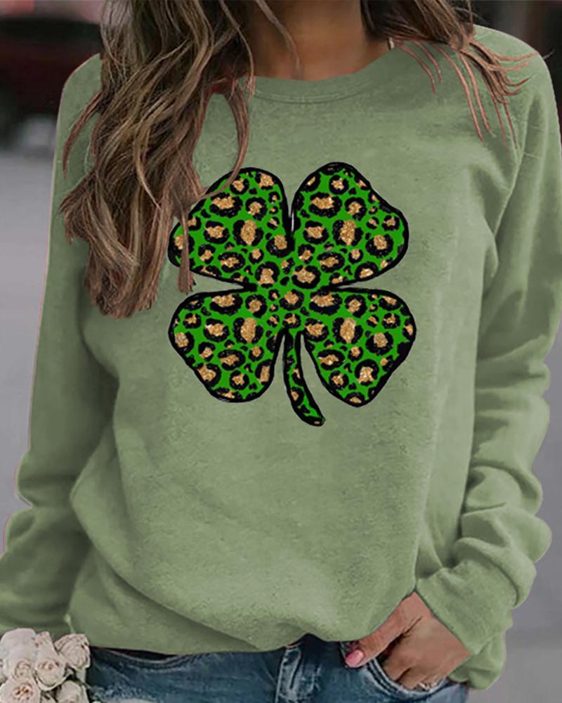 

St.Patrick's Day Clover Print Round Neck Long Sleeve Top, Green