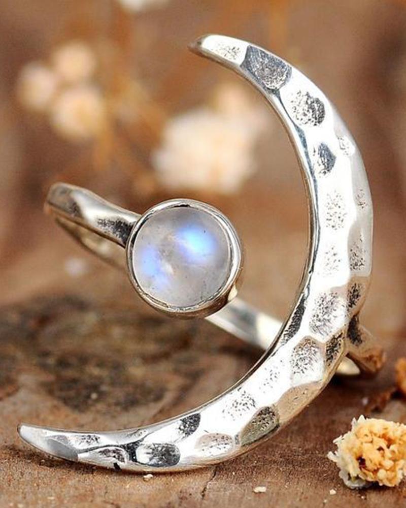 

1pc Vintage Crystal Stone Moon Shaped Opening Ring, Silver