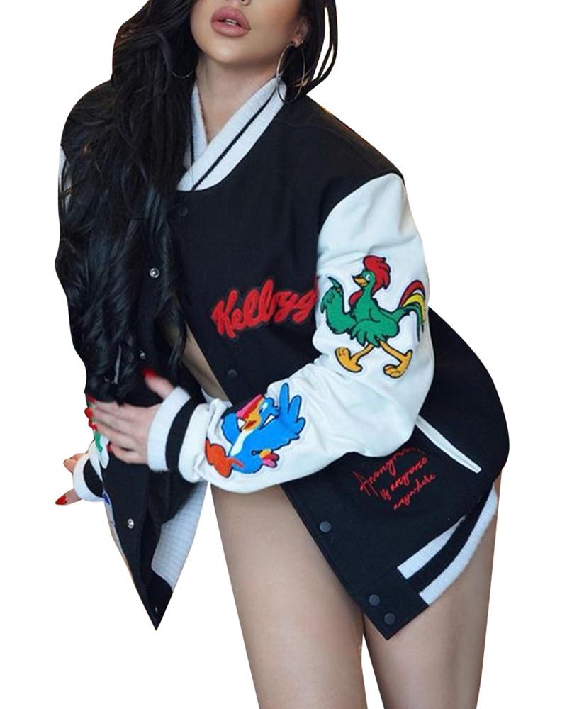 

Cartoon Letter Embroidery Colorblock Baseball Jacket, Black