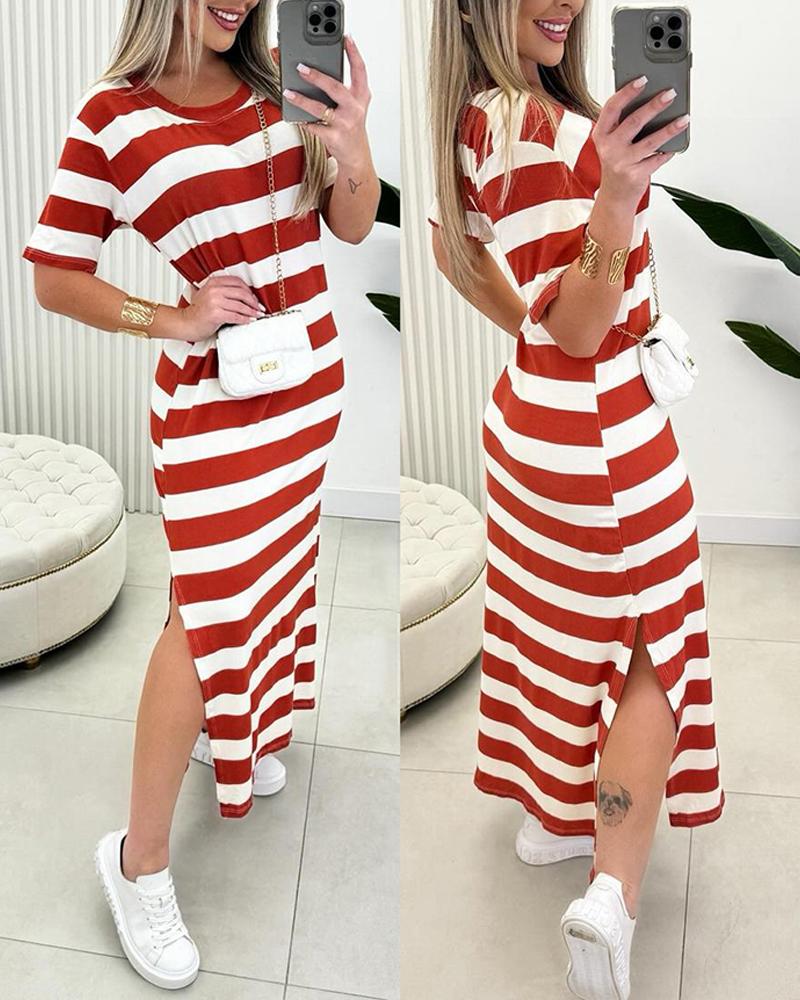 

Striped Side Slit Casual Dress, Red